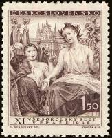 (1948-004) Марка Чехословакия "Девушка в венке (Коричневая)"    11 Сокол конгресс, Прага II O